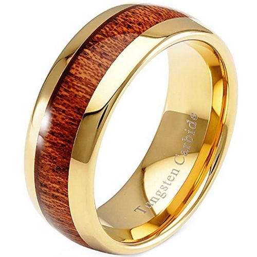 (Wholesale)Gold Tone Tungsten Carbide Dome Court Ring With Wood-5616