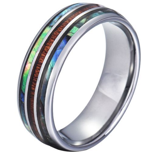 (Wholesale)Tungsten Carbide Abalone Shell & Wood Dome Court Ring-5785
