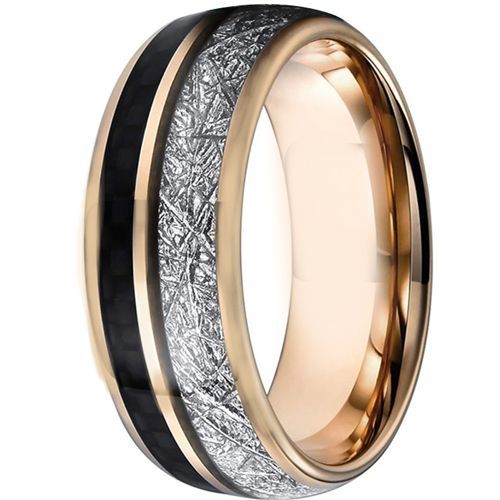(Wholesale)Rose Tungsten Carbide Ring With Meteorite & Carbon Fiber-5828