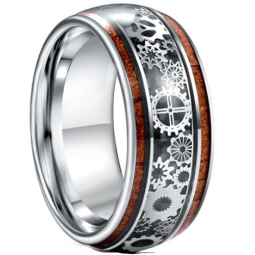(Wholesale)Tungsten Carbide Gears Ring With Koa Wood & Carbon Fiber-5941