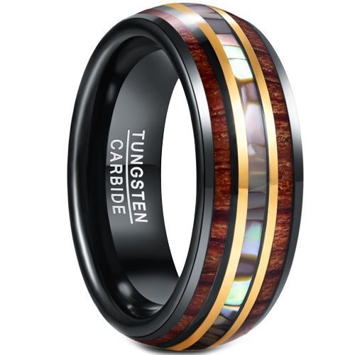 (Wholesale)Tungsten Carbide Black Gold Tone Ring With Abalone Shell & Koa Wood-5951