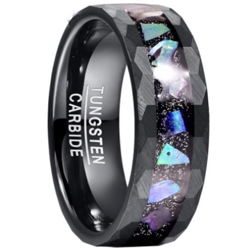 (Wholesale)Black Tungsten Carbide Faceted Ring With Meteorite & Abalone Shell-6022