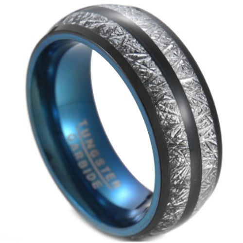(Wholesale)Tungsten Carbide Black Blue Ring With Meteorite-6834