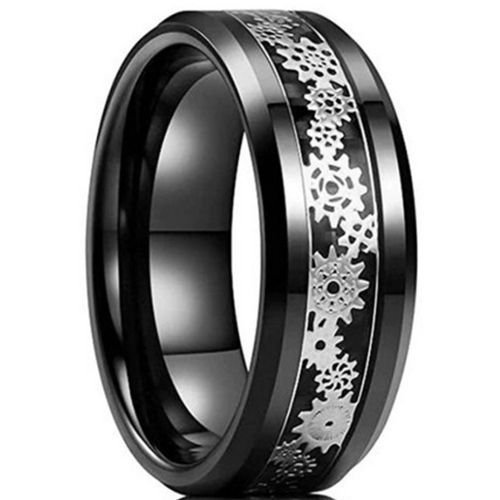 (Wholesale)Black Tungsten Carbide Gears Ring With Carbon Fiber-6951