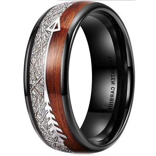 (Wholesale)Tungsten Carbide Black Silver Arrow Ring With Koa Wood & Meteorite-6997