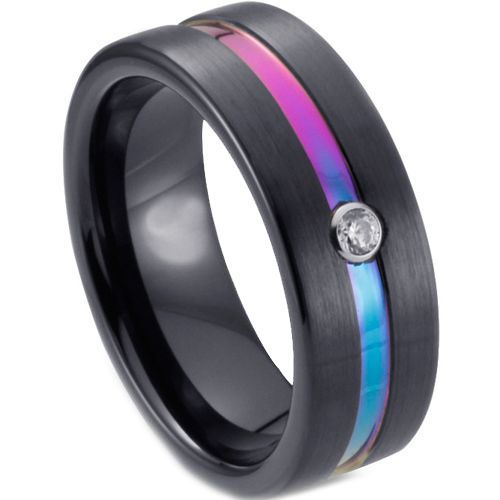 (Wholesale)Tungsten Carbide Black Rainbow Ring With Cubic Zirconia-7057