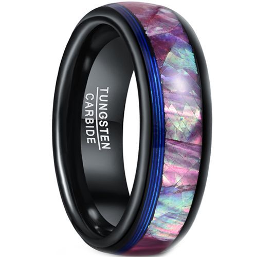 (Wholesale)Tungsten Carbide Black Blue Abalone Shell Ring-7284