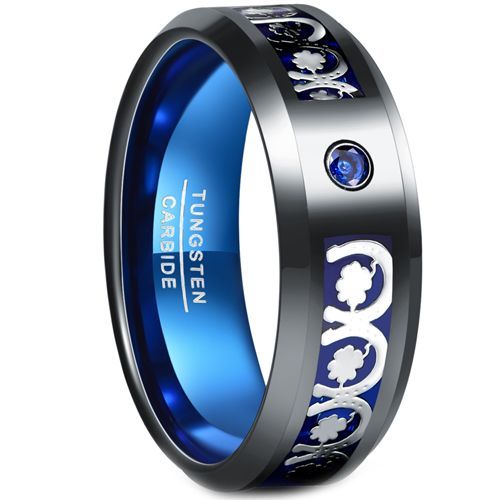 (Wholesale)Tungsten Carbide Black Blue Clover Ring With Blue Created Sapphire-7286