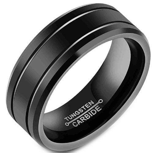 (Wholesale)Black Tungsten Carbide Double Grooves Ring-7489