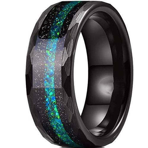 (Wholesale)Black Tungsten Carbide Faceted Ring With Meteorite & Crushed Opal-7502