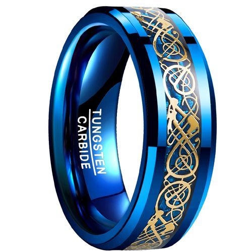 (Wholesale)Tungsten Carbide Blue Gold Tone Dragon Ring-7506