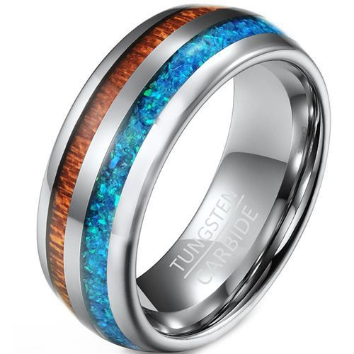 (Wholesale)Tungsten Carbide Ring With Koa Wood & Crushed Opal-7534