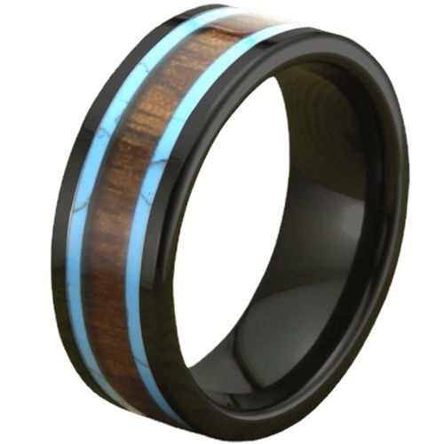 (Wholesale)Black Tungsten Carbide Turquoise & Wood Ring-7583