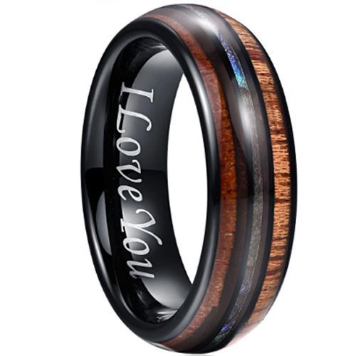 (Wholesale)Black Tungsten Carbide Meteorite & Wood Ring-7622