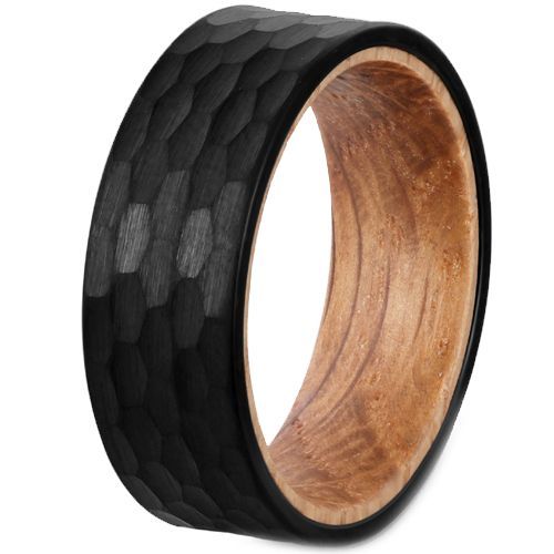 (Wholesale)Black Tungsten Carbide Faceted Ring With Koa Wood-7660