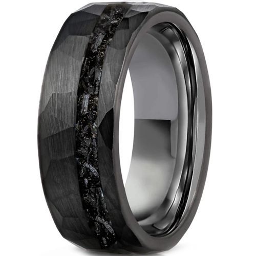 (Wholesale)Black Tungsten Carbide Faceted Ring With Meteorite-7663