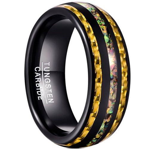 (Wholesale)Black Tungsten Carbide Ring With Carbon Fiber & Crushed Opal-7775