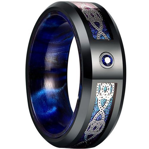 (Wholesale)Tungsten Carbide Black Blue Celtic Ring With Created Blue Sapphire-7779
