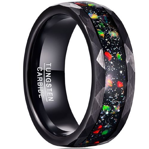 (Wholesale)Black Tungsten Carbide Faceted Ring With Crushed Opal & Meteorite-7785