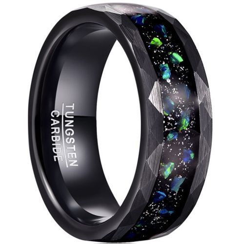 (Wholesale)Black Tungsten Carbide Faceted Ring With Crushed Opal & Meteorite-7786
