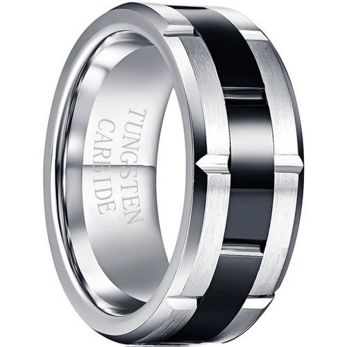 (Wholesale)Tungsten Carbide Black Silver Tire Tread Ring-7792