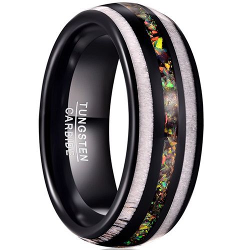 (Wholesale)Black Tungsten Carbide Deer Antler & Crushed Opal Dome Court Ring-7793