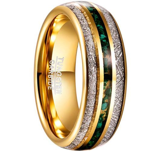 (Wholesale)Gold Tone Tungsten Carbide Ring With Meteorite & Green Gravel-7832