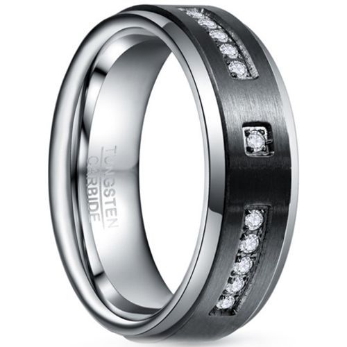 (Wholesale)Tungsten Carbide Black Silver Ring With Cubic Zirconia-7862