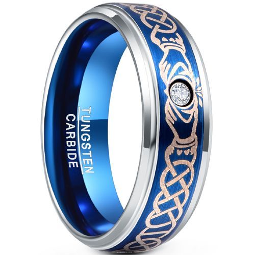 (Wholesale)Tungsten Carbide Blue Silver Celtic Ring With Cubic Zirconia-7863