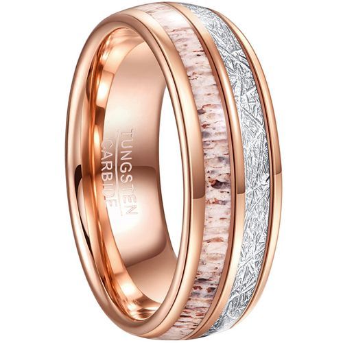(Wholesale)Rose Tungsten Carbide Ring With Deer Antler & Meteorite-7865