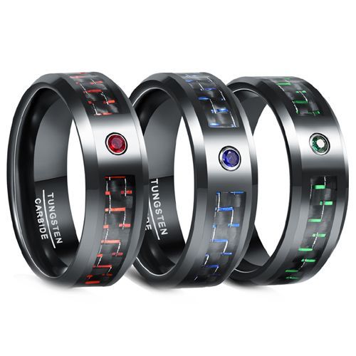 (Wholesale)Black Tungsten Carbide Carbon Fiber Ring With Cubic Zirconia-7899