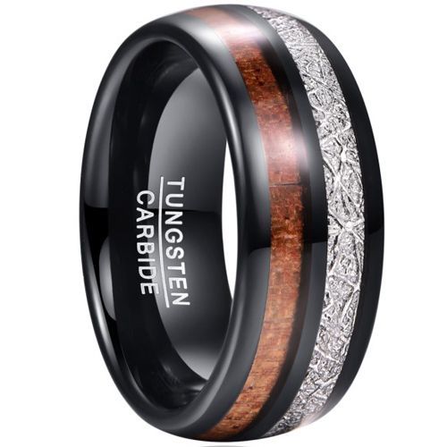 (Wholesale)Black Tungsten Carbide Ring With Koa Wood & Meteorite-7903