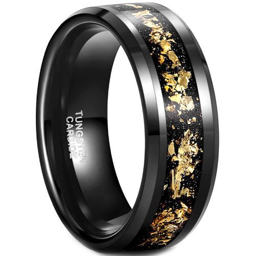 (Wholesale)black Tungsten Carbide Meteorite Gold Foil Beveled Edges Ring-7935