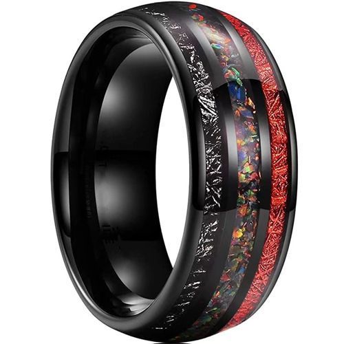 (Wholesale)Black Tungsten Carbide Ring With Crushed Opal & Meteorite-7961