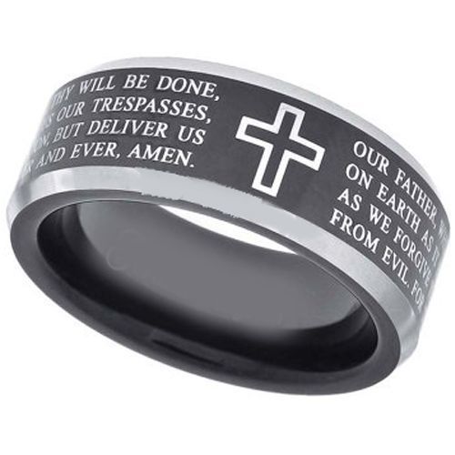 (Wholesale)Tungsten Carbide Black Silver Cross Prayer Ring-7968