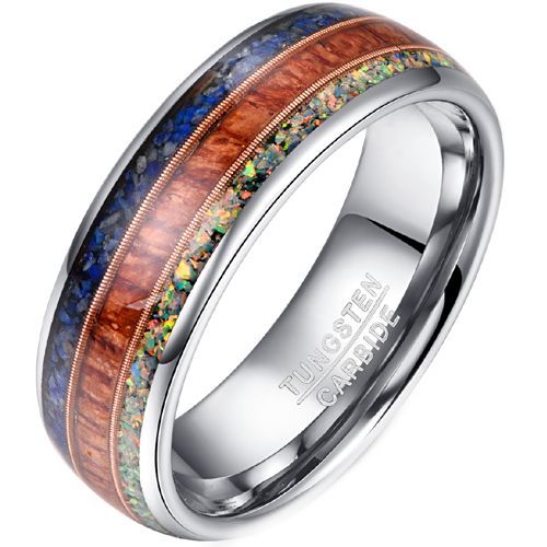 (Wholesale)Tungsten Carbide Lapis Lazuli Koa Wood Crushed Opal Wire Ring-8278