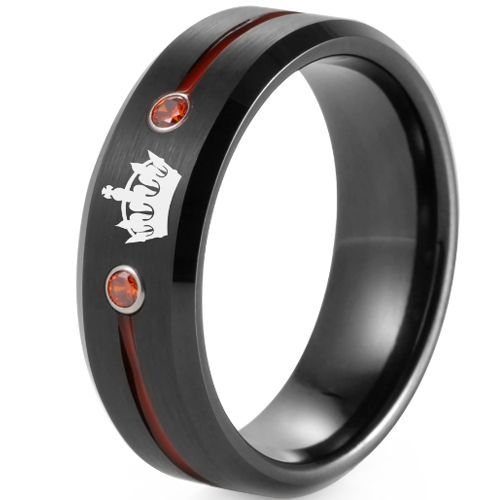 (Wholesale)Tungsten Carbide Black Red King Crown Ring With Created Red Ruby-8286