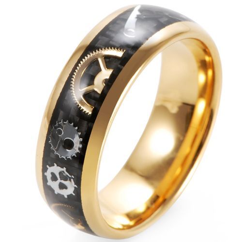 (Wholesale)Gold Tone Tungsten Carbide Gears Ring With Carbon Fiber-8290