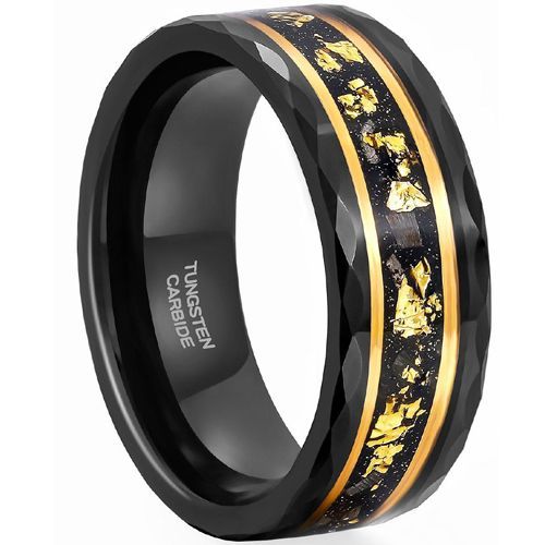 (Wholesale)Tungsten Carbide Black Gold Tone Faceted Ring With Meteorite & Gold Foil-8302
