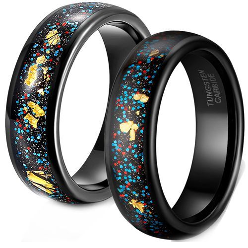 (Wholesale)Black Tungsten Carbide Ring With Meteorite & Gold Foil-8443