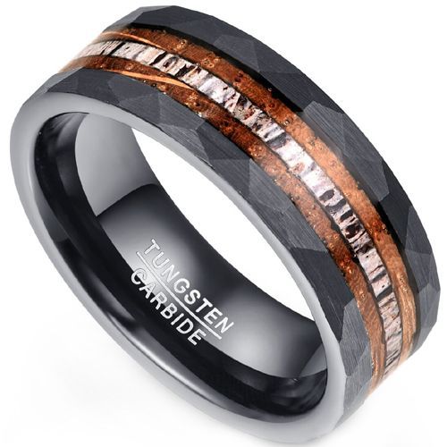 (Wholesale)Black Tungsten Carbide Faceted Ring With Deer Antler & Koa Wood-8483