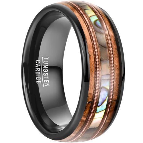 (Wholesale)Tungsten Carbide Black Rose Wire Abalone Shell & Koa Wood Ring-8641
