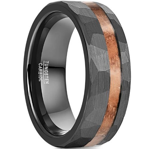 (Wholesale)Black Tungsten Carbide Faceted Ring With Koa Wood-8766
