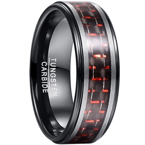 (Wholesale)Tungsten Carbide Black Silver Ring With Carbon Fiber-8858