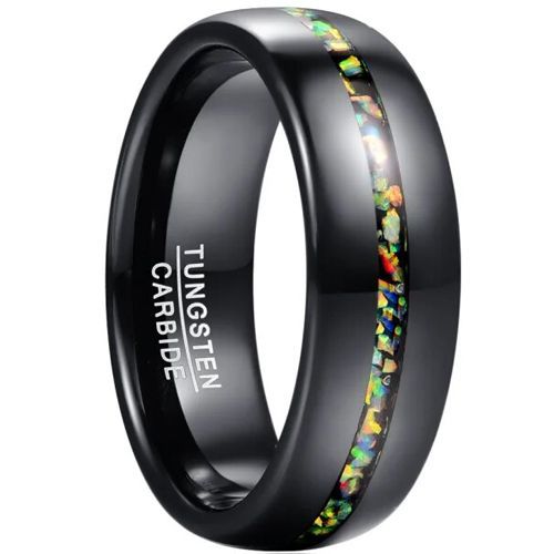 (Wholesale)Black Tungsten Carbide Dome Court Ring With Crushed Opal-8879
