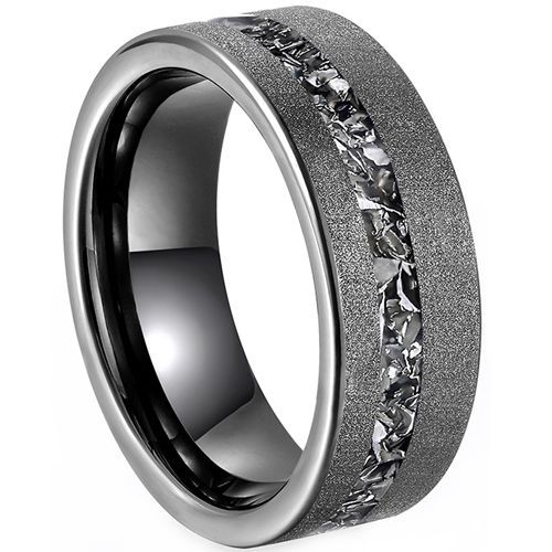 (Wholesale)Tungsten Carbide Sandblasted Ring With Meteorite-8926