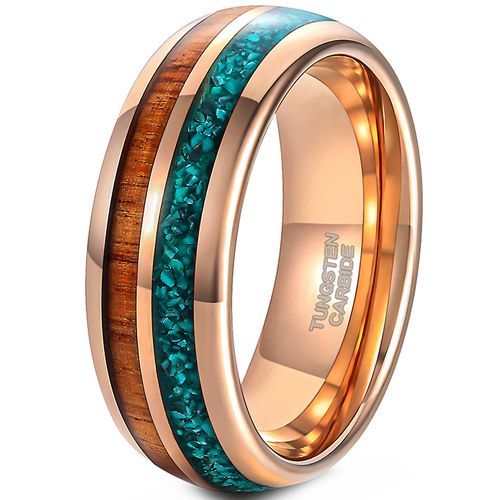 (Wholesale)Rose Tungsten Carbide Crushed Opal & Koa Wood Dome Court Ring-9027