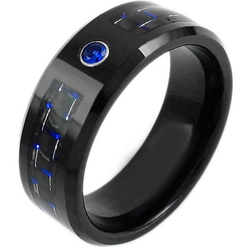 (Wholesale)Black Tungsten Carbide Carbon Fiber & CZ Ring-TG3748