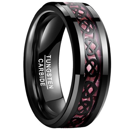 (Wholesale)Black Tungsten Carbide Heart Ring With Carbon Fiber-9311