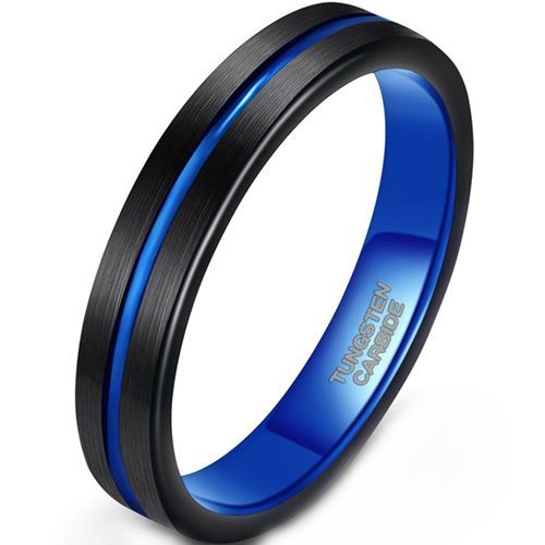 (Wholesale)Tungsten Carbide Black Blue Center Groove Ring-9318